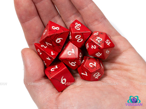 Red Howlite | Bright Red and Black, Natural Cracks, White Ink | Gemstone Dice Set (7)