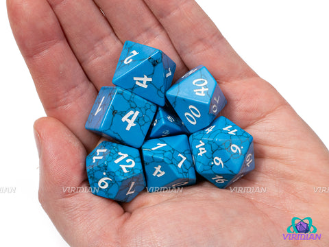 Deep Blue Howlite | Turquoise and Black, White Ink, Natural Cracks | Gemstone Dice Set (7)