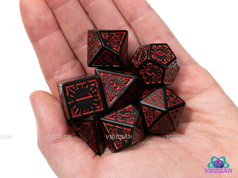 Red Night Stars | Black and Dark Red Ornate Star Design | Acrylic Dice Set (7)