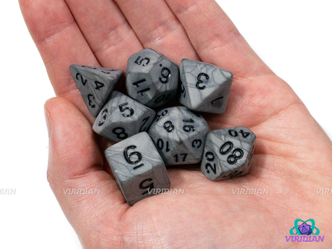 Rock Slide | Pearled Gray and Black Ink, Swirled | Acrylic Dice Set (7)