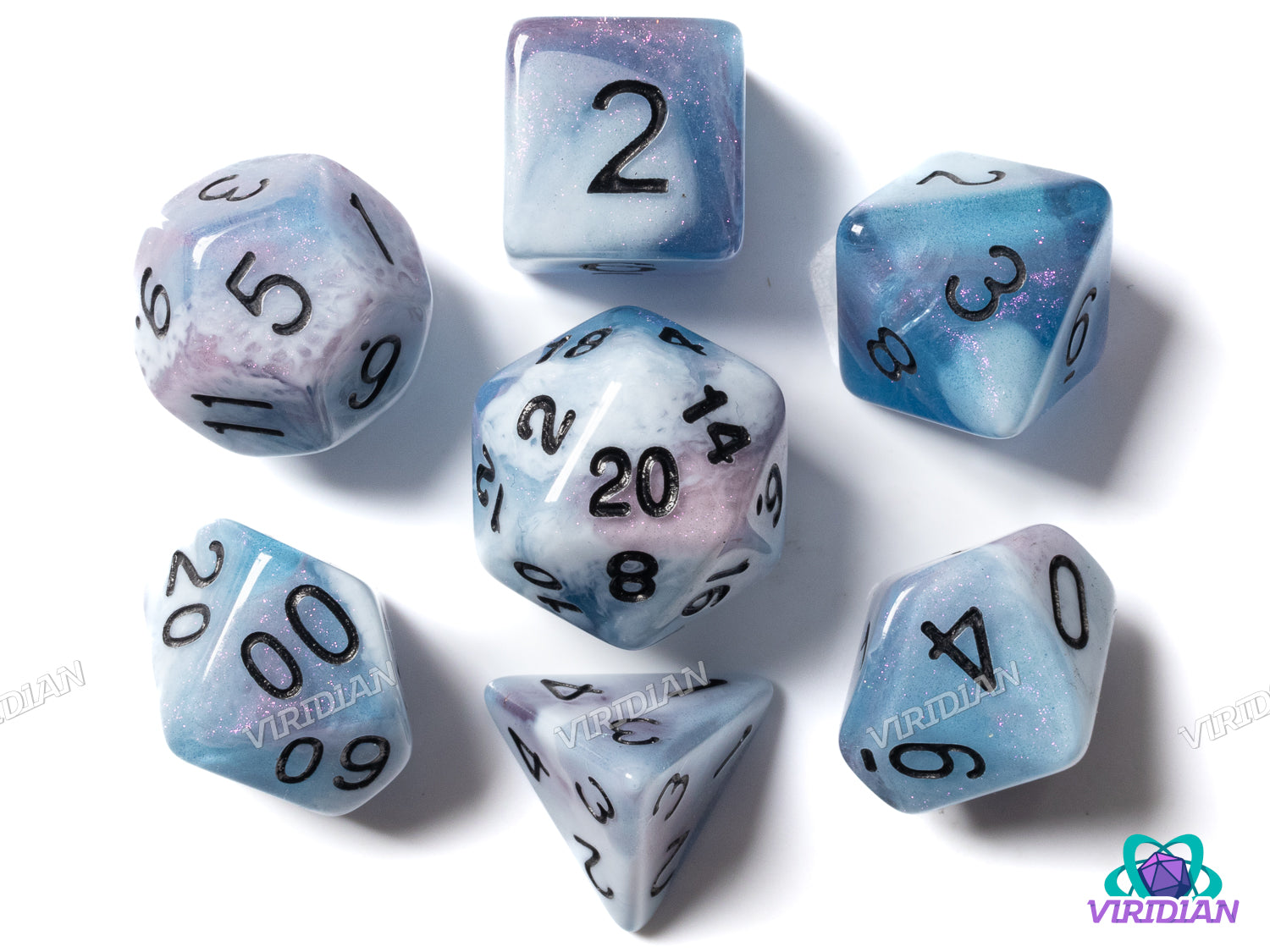 Frozen Curse | Blue, Grey & White, Swirls | Acrylic Polyhedral Dice (7)