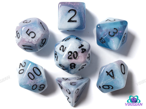 Frozen Curse | Blue, Grey & White, Swirls | Acrylic Polyhedral Dice (7)
