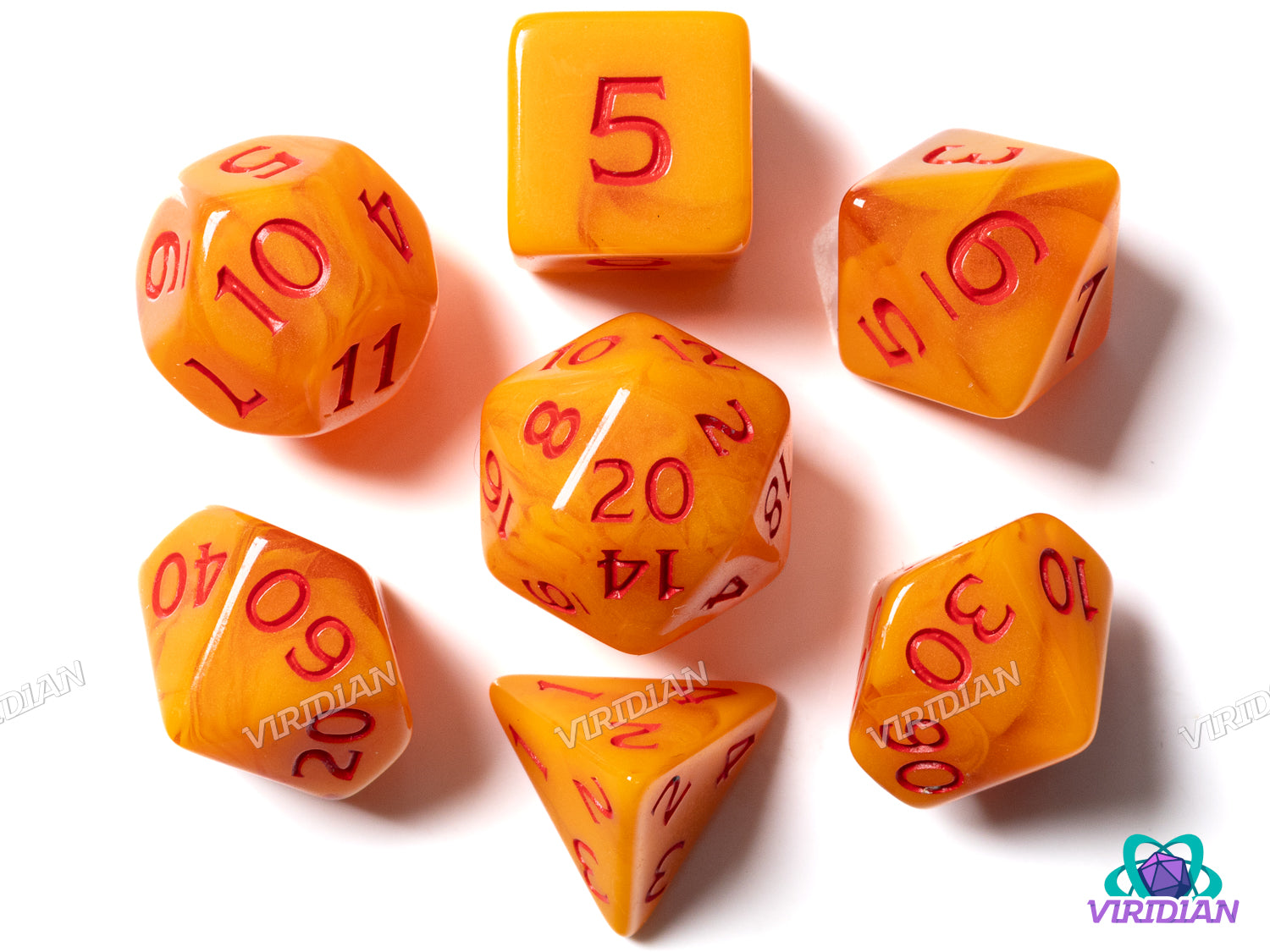 Cheese Whiz | Yellow & Orange Swirled, Red Ink | Polyhedral Dice Set (7)