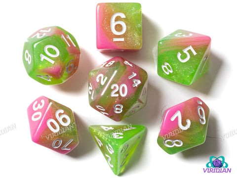 Apple Taffy V2 | Pink & Yellow Swirled Glitter Acrylic Dice Set (7) | Dungeons and Dragons (DnD)