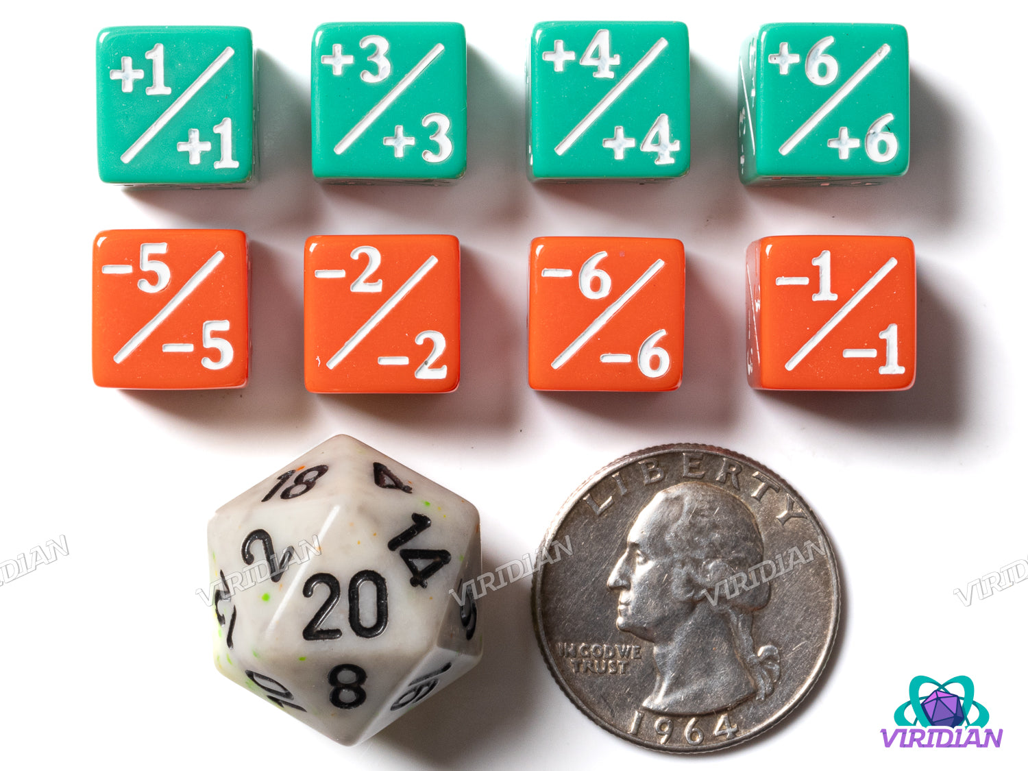 Mini MTG Counters (Set of 8) | (4) Green Positive & (4) Red Negative Tokens | Acrylic D6 Set 12mm