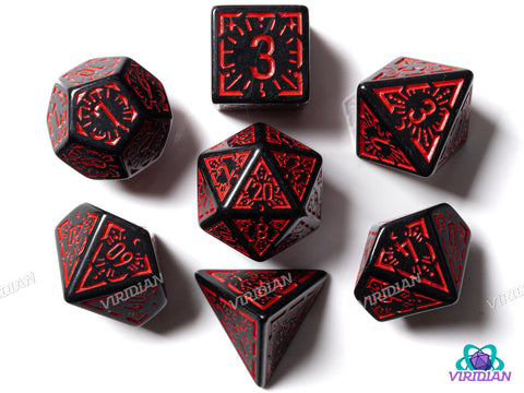 Red Night Stars | Black and Dark Red Ornate Star Design | Acrylic Dice Set (7)