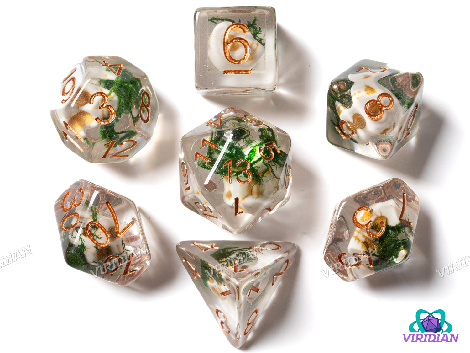 Cursed Crew | Skulls, Bones, Green-Black Moss, Clear-Transparent | Resin Dice Set (7)