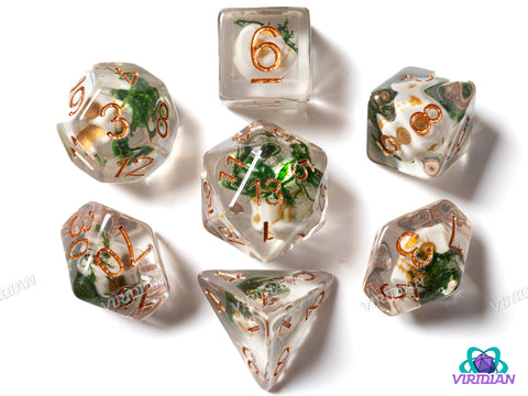Cursed Crew | Skulls, Bones, Green-Black Moss, Clear-Transparent | Resin Dice Set (7)