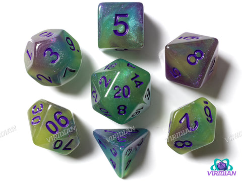 Lavender Lemonade | Glittery Yellow and Purple Swirl, Purple Ink | Acrylic Dice Set (7)
