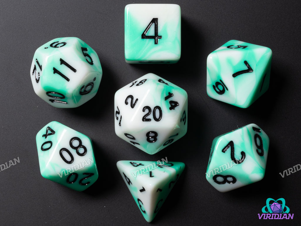 Lost Mint Swirl | Teal & White, Swirls | Acrylic Polyhedral Dice (7)