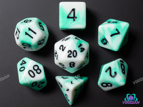 Lost Mint Swirl | Teal & White, Swirls | Acrylic Polyhedral Dice (7)