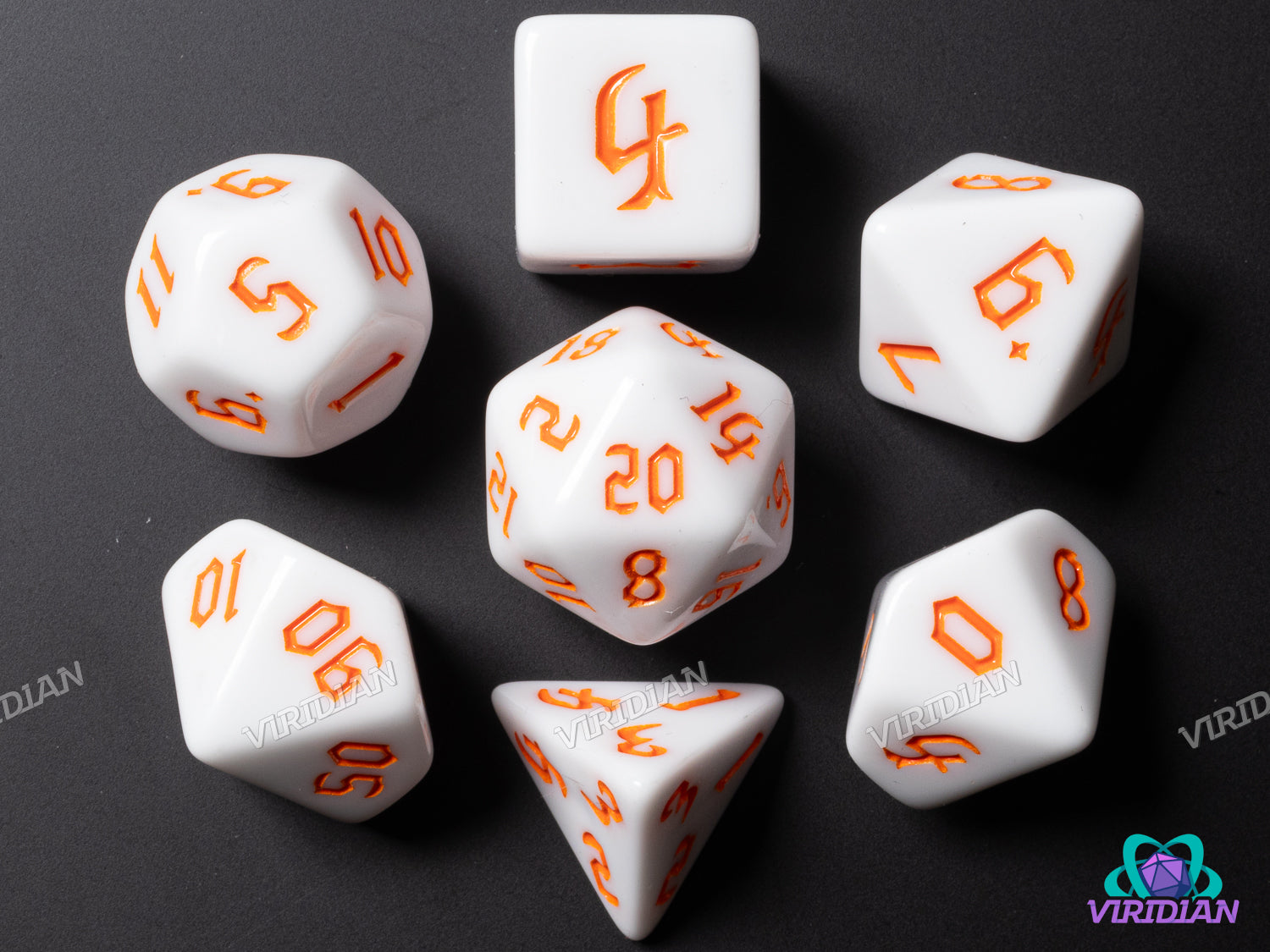 Gothic White & Orange | White Base, Bright Orange Ink | Acrylic Dice Set (7)
