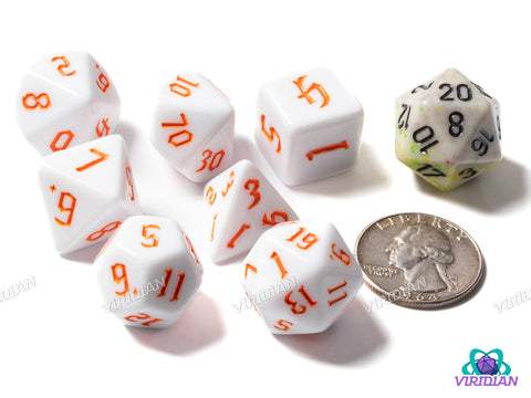 Gothic White & Orange | White Base, Bright Orange Ink | Acrylic Dice Set (7)