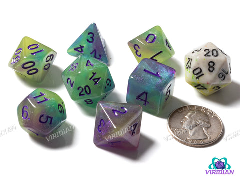 Lavender Lemonade | Glittery Yellow and Purple Swirl, Purple Ink | Acrylic Dice Set (7)