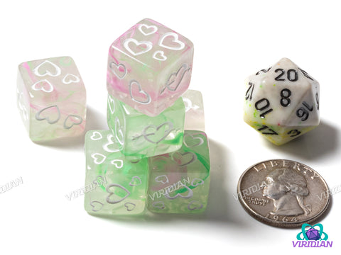 Green & Pink Nebula Heart D6s (Set of 6) | Dice