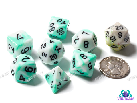 Lost Mint Swirl | Teal & White, Swirls | Acrylic Polyhedral Dice (7)