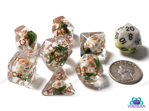 Cursed Crew | Skulls, Bones, Green-Black Moss, Clear-Transparent | Resin Dice Set (7)