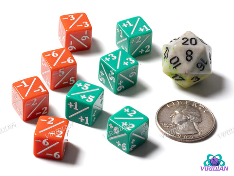 Mini MTG Counters (Set of 8) | (4) Green Positive & (4) Red Negative Tokens | Acrylic D6 Set 12mm