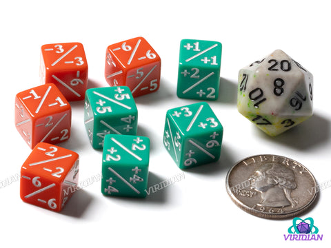 Mini MTG Counters (Set of 8) | (4) Green Positive & (4) Red Negative Tokens | Acrylic D6 Set 12mm