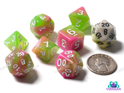 Apple Taffy V2 | Pink & Yellow Swirled Glitter Acrylic Dice Set (7) | Dungeons and Dragons (DnD)