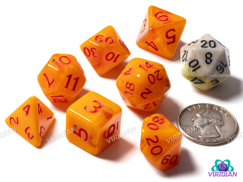 Cheese Whiz | Yellow & Orange Swirled, Red Ink | Polyhedral Dice Set (7)