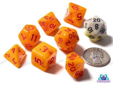 Cheese Whiz | Yellow & Orange Swirled, Red Ink | Polyhedral Dice Set (7)