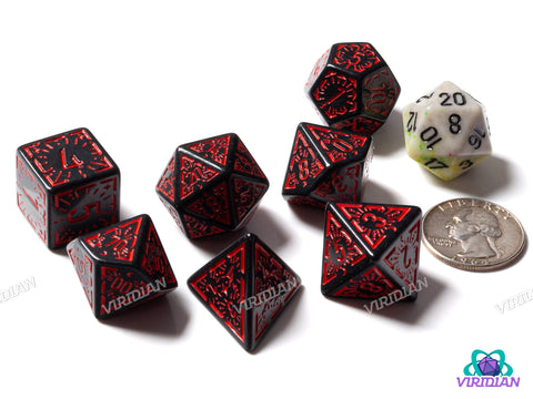 Red Night Stars | Black and Dark Red Ornate Star Design | Acrylic Dice Set (7)