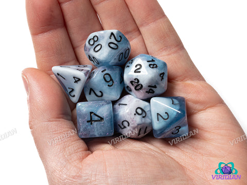 Frozen Curse | Blue, Grey & White, Swirls | Acrylic Polyhedral Dice (7)