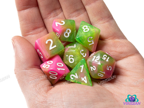 Apple Taffy V2 | Pink & Yellow Swirled Glitter Acrylic Dice Set (7) | Dungeons and Dragons (DnD)