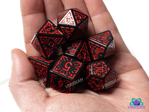 Red Night Stars | Black and Dark Red Ornate Star Design | Acrylic Dice Set (7)