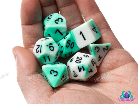 Lost Mint Swirl | Teal & White, Swirls | Acrylic Polyhedral Dice (7)