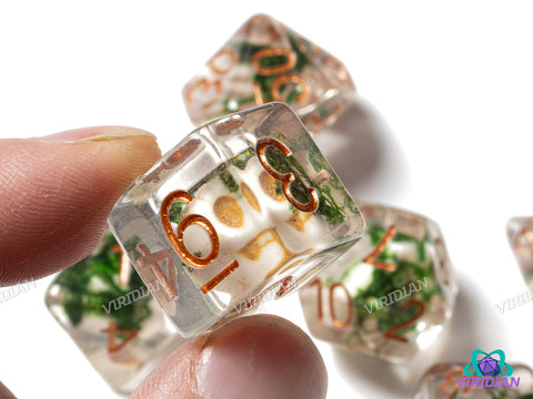 Cursed Crew | Skulls, Bones, Green-Black Moss, Clear-Transparent | Resin Dice Set (7)