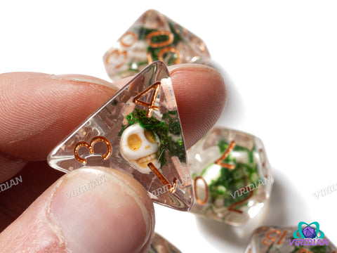 Cursed Crew | Skulls, Bones, Green-Black Moss, Clear-Transparent | Resin Dice Set (7)