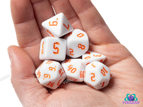 Gothic White & Orange | White Base, Bright Orange Ink | Acrylic Dice Set (7)