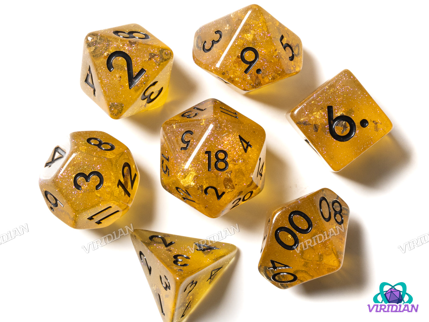 Honey Calcite | Brown-Gold Leaf Glittery Resin Dice Set (7) | Dungeons and Dragons (DnD)