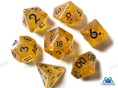 Honey Calcite | Brown-Gold Leaf Glittery Resin Dice Set (7) | Dungeons and Dragons (DnD)