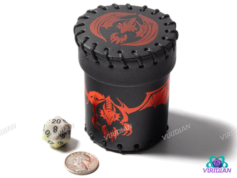 Metallic Red Dragon Rolling Dice Cup | Leather Flying Dragon Black & Red