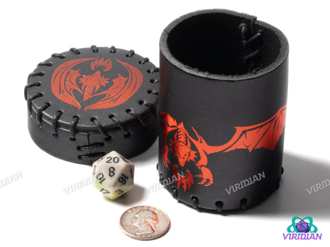 Metallic Red Dragon Rolling Dice Cup | Leather Flying Dragon Black & Red