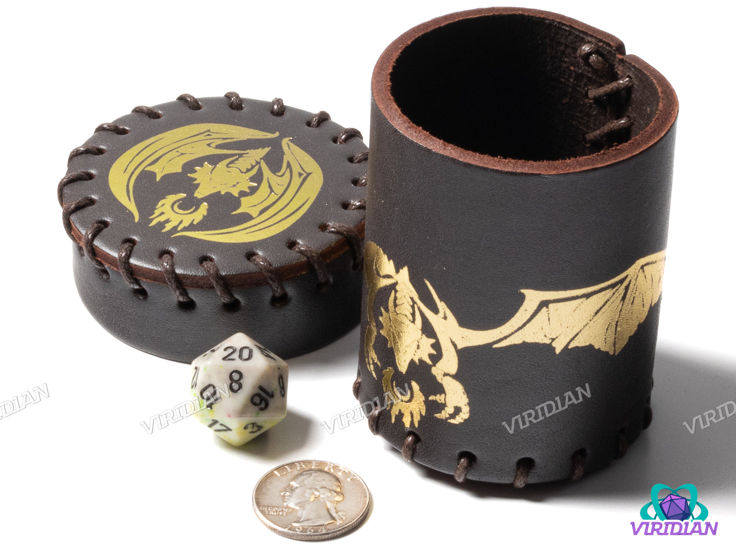 Golden Dragon Dice Cup | Leather Flying Dragon Brown & Golden