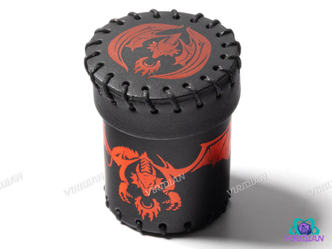 Metallic Red Dragon Rolling Dice Cup | Leather Flying Dragon Black & Red