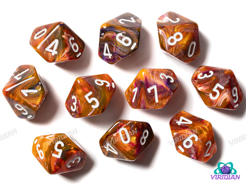 Festive Symphony (10) D10 Set | Brown, Orange, Pink, Blue Swirled, White Ink | Acrylic D10 Set (10) | Chessex
