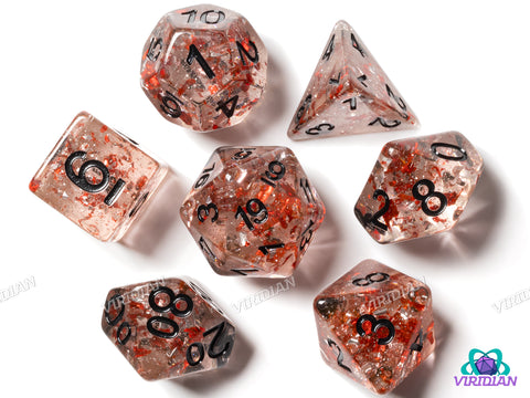 Blossom Flurry V2 | Clear, Red Glitter, Black and Red Speckled | Acrylic Dice Set (7)