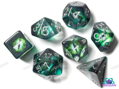 Dragon's Eye | Green Demonic Eye, Green Translucent Base | Resin Dice Set (7)