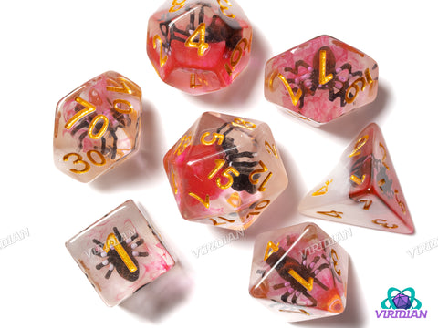 Web of Fate | Black Spider, Pink-Web Swirl Mist, Translucent, White Bottom | Resin Dice Set (7)