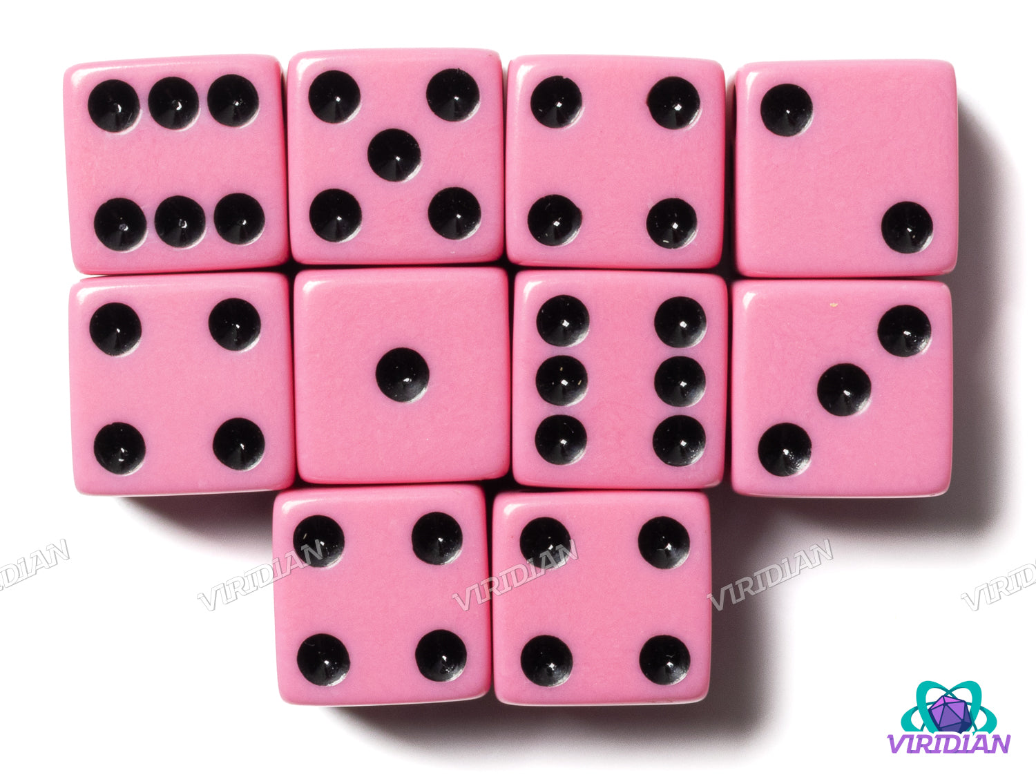 TEN Pink & Black D6s (10) | 16mm Acrylic Pipped D6 Dice | Koplow