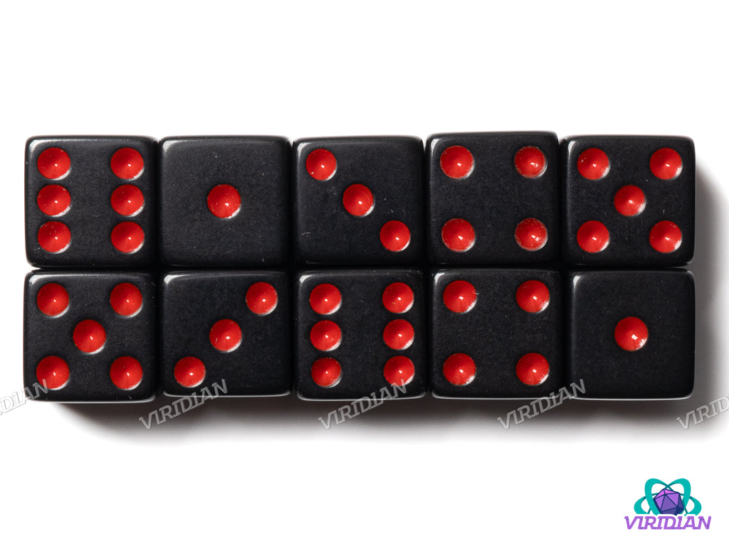 TEN Black & Red D6s (10) | 16mm Acrylic Pipped D6 Dice | Koplow
