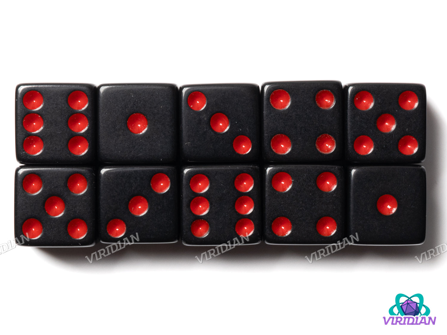 TEN Black & Red D6s (10) | 16mm Acrylic Pipped D6 Dice | Koplow