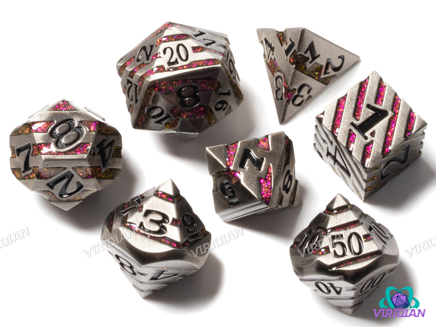 Pink Stripe | Shiny Striped Silver Magenta-Pink Mica Glitter | Metal Dice Set (7) | Dungeons and Dragons (DnD) | Tabletop RPG Gaming