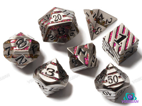 Pink Stripe | Shiny Striped Silver Magenta-Pink Mica Glitter | Metal Dice Set (7) | Dungeons and Dragons (DnD) | Tabletop RPG Gaming