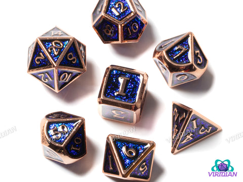 Copper Sparkle | Purple & Blue Iridescent Sequined Metal Dice Set (7) | Dungeons and Dragons (DnD)